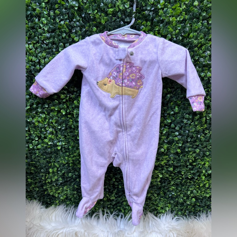 Carter's Purple Footies One Piece with Cozy hedgehog Design nwot
